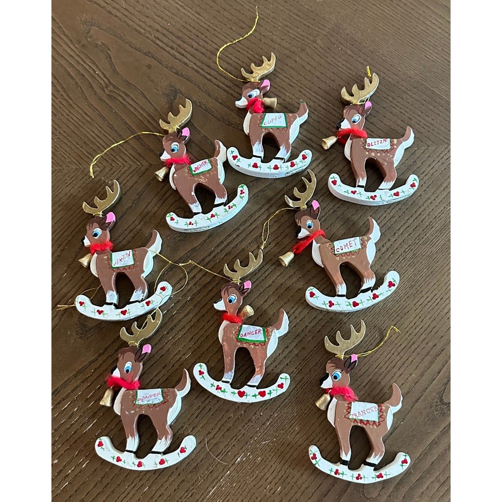 Vintage 1977 Kurt Adler Rocking Reindeer Wood Christmas Ornaments Set of 8
